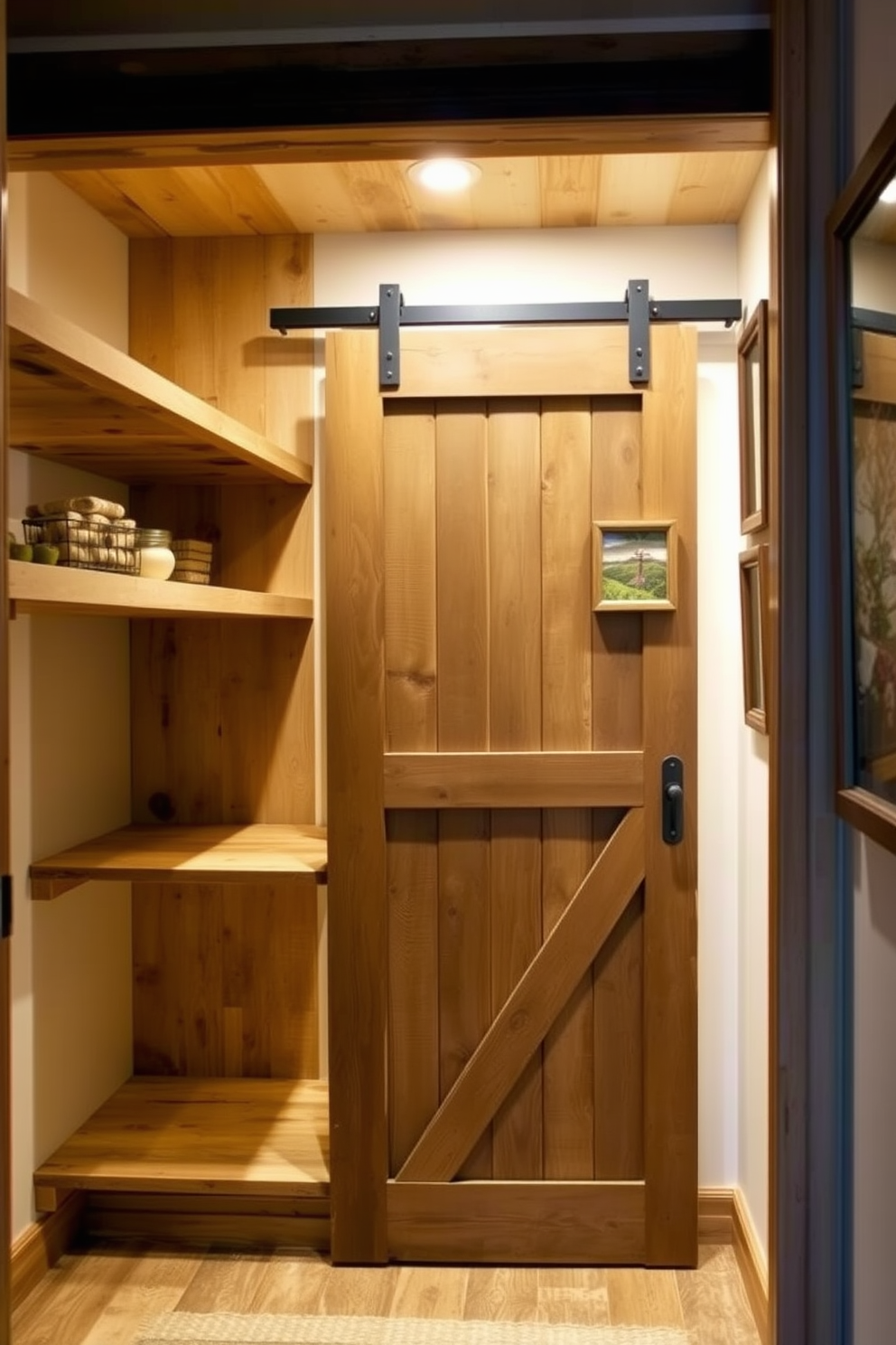 A rustic walk-in closet features reclaimed wood shelves and a sliding barn door entrance. Soft, ambient lighting highlights the natural textures and creates a warm, inviting atmosphere. Incorporating rustic artwork into the design adds a personal touch to the space. Consider hanging a collection of vintage frames with nature-inspired prints or local landscape photography.