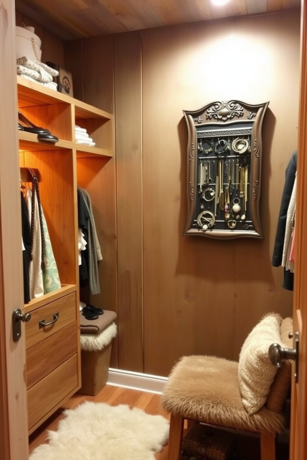 A wall-mounted jewelry organizer with charm is elegantly displayed in a cozy rustic walk-in closet. The organizer features intricate detailing and is surrounded by warm wooden shelving that showcases various accessories and personal items. The walk-in closet is designed with reclaimed wood accents and soft ambient lighting, creating an inviting atmosphere. Plush rugs line the floor, and a comfortable seating area is included for trying on outfits.