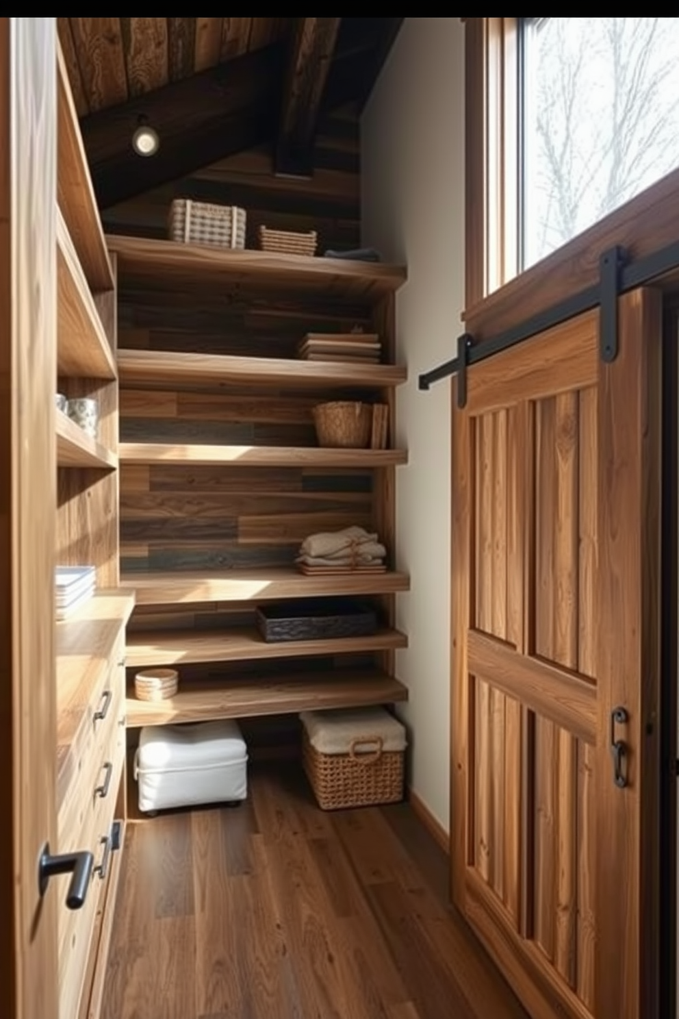 A rustic walk-in closet featuring reclaimed wood shelving and a sliding barn door. Natural light floods the space through large windows, highlighting the earthy tones and textures of the wood.