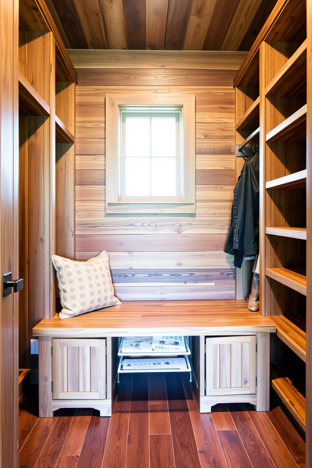 A rustic walk-in closet features a combination of reclaimed wood shelves and metal hanging rods, creating a warm and inviting atmosphere. Soft lighting illuminates the space, highlighting the varied textures of woven baskets and plush area rugs.