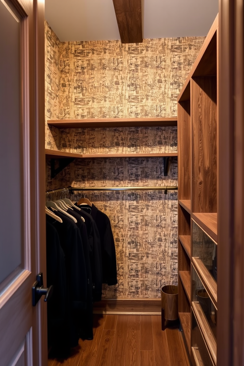 A rustic walk-in closet features textured wallpaper that adds depth and character to the space. The room is adorned with wooden shelves and hanging rods, creating a warm and inviting atmosphere.