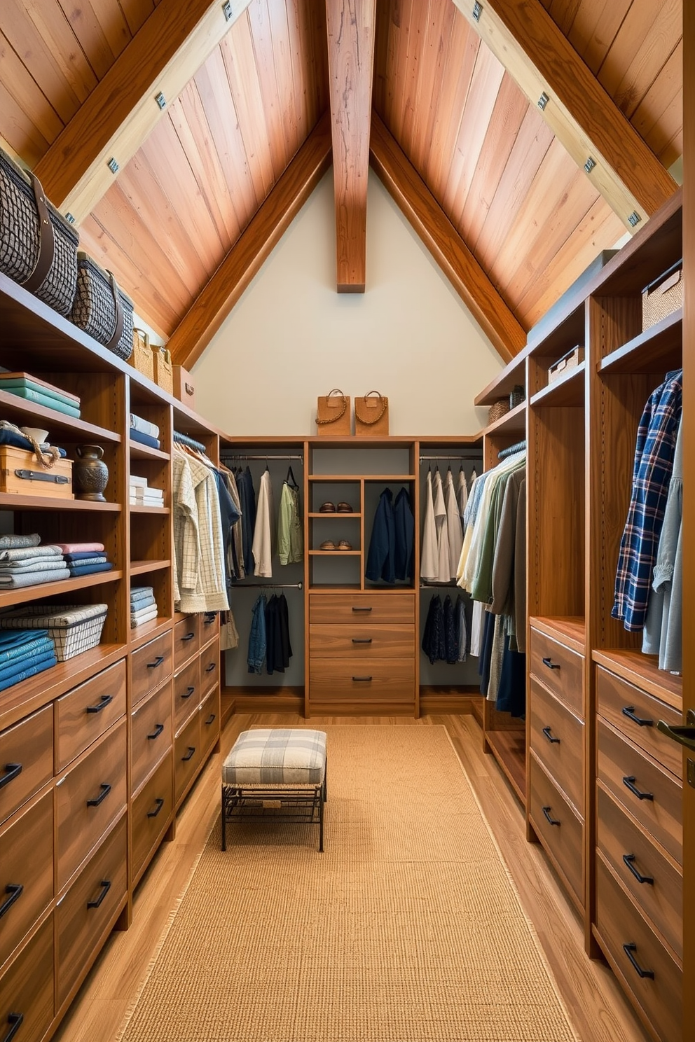 Open layout for easy accessibility. The walk-in closet features exposed wooden beams and a spacious arrangement of shelving and hanging areas. Rustic Walk-In-Closet Design Ideas. Natural wood finishes and vintage-style hardware complement the warm color palette of the space.