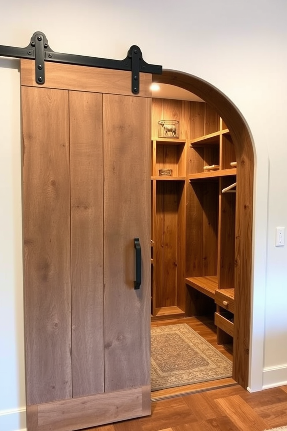 A rustic sliding barn door entrance features reclaimed wood with a weathered finish, showcasing the natural grain and knots. The door slides smoothly on a black metal track, adding an industrial touch to the warm ambiance of the space. The rustic walk-in closet design includes open wooden shelving and hanging rods made from sturdy timber. Soft, ambient lighting highlights the rich textures of the wood while a cozy area rug adds warmth underfoot.