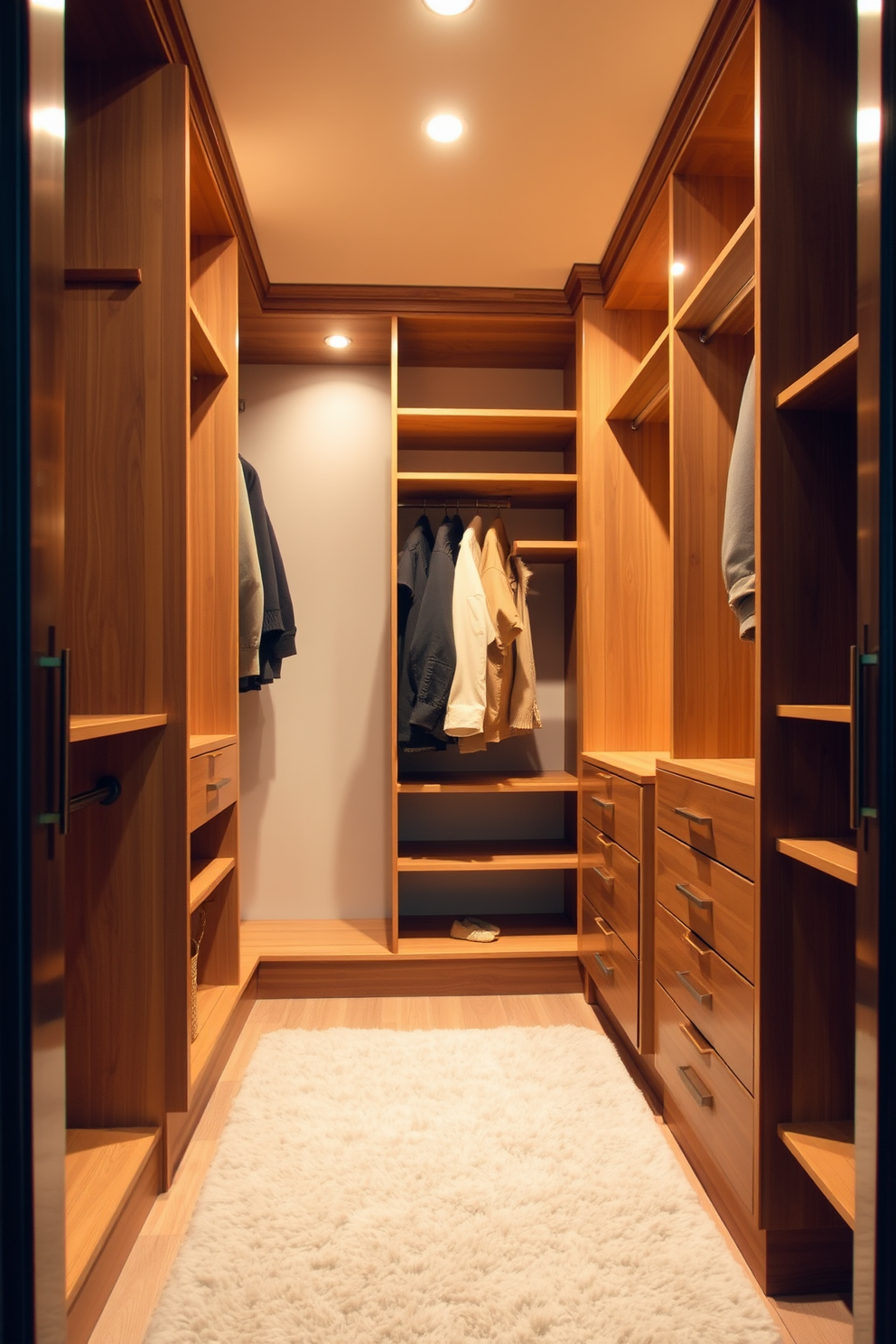 A cozy walk-in closet featuring wooden shelving and hanging space. Soft lighting illuminates the room, creating a warm and inviting atmosphere. The walls are adorned with light beige paint, complementing the natural wood tones. A plush area rug in a neutral color adds comfort underfoot.