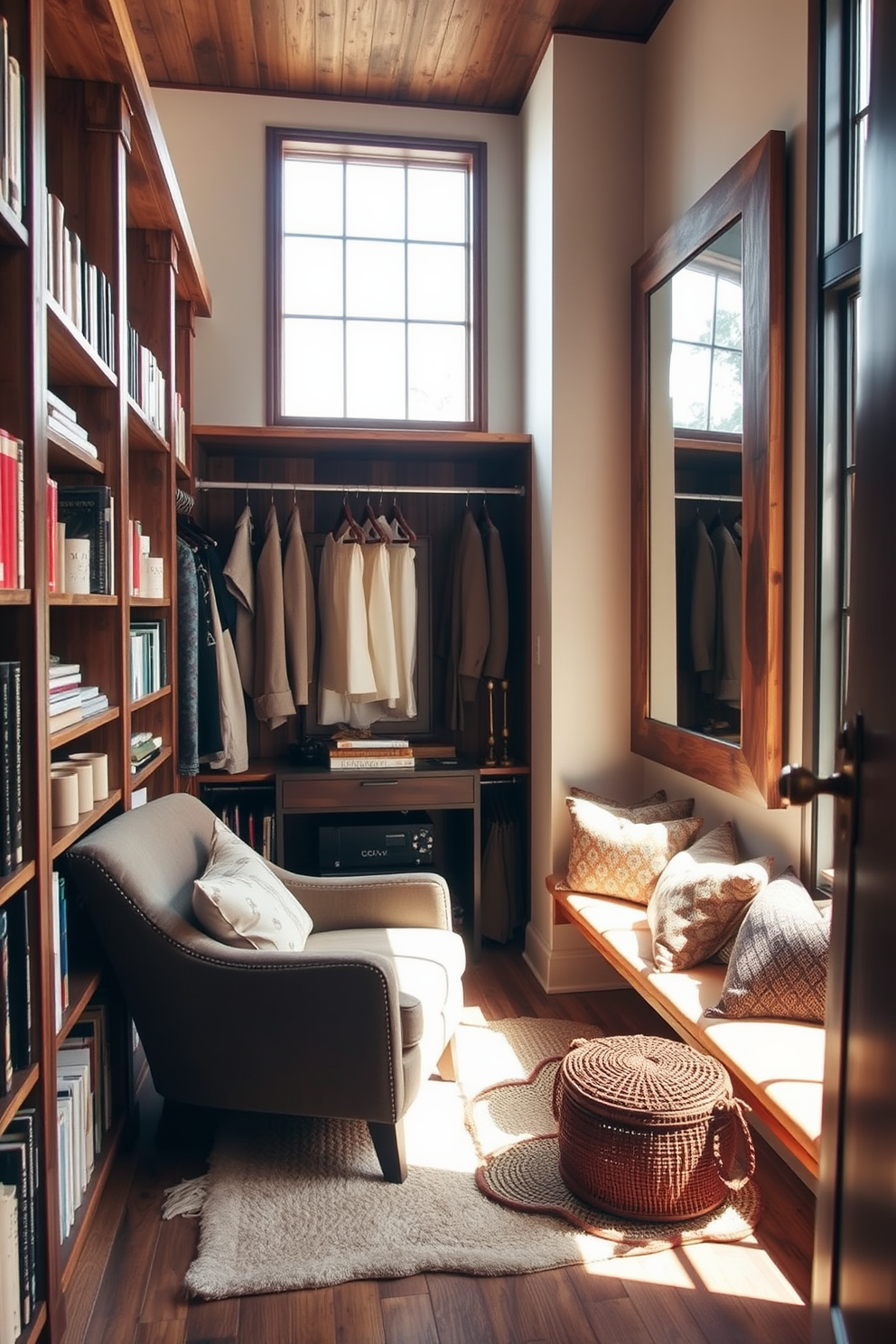 Cozy reading nook with natural light. A plush armchair is positioned near a large window, allowing sunlight to pour in. The walls are lined with bookshelves filled with an array of novels and decorative items. A soft area rug lies beneath the chair, creating a warm and inviting atmosphere. Rustic walk-in-closet design ideas. The space features wooden shelves and hanging rods made from reclaimed barn wood. A large, vintage-style mirror is mounted on one wall, reflecting the natural light from a nearby window. Cozy seating is provided in the corner, adorned with cushions for a comfortable touch.