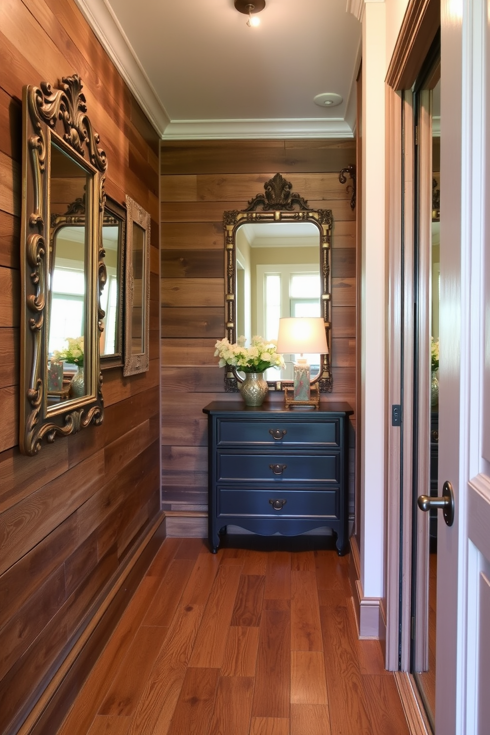 A rustic walk-in closet featuring antique mirrors that add elegance to the space. The walls are adorned with reclaimed wood panels and the floor is finished with wide plank hardwood, creating a warm and inviting atmosphere.