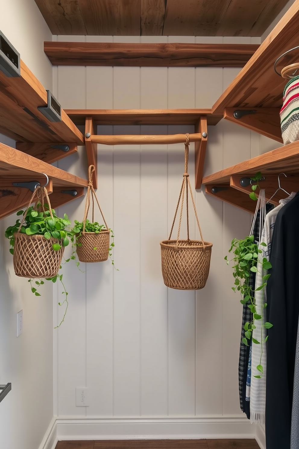 A rustic walk-in closet featuring wooden shelves and hanging rods made from reclaimed wood. The space is adorned with hanging plants in woven baskets, adding a fresh touch and a pop of greenery.