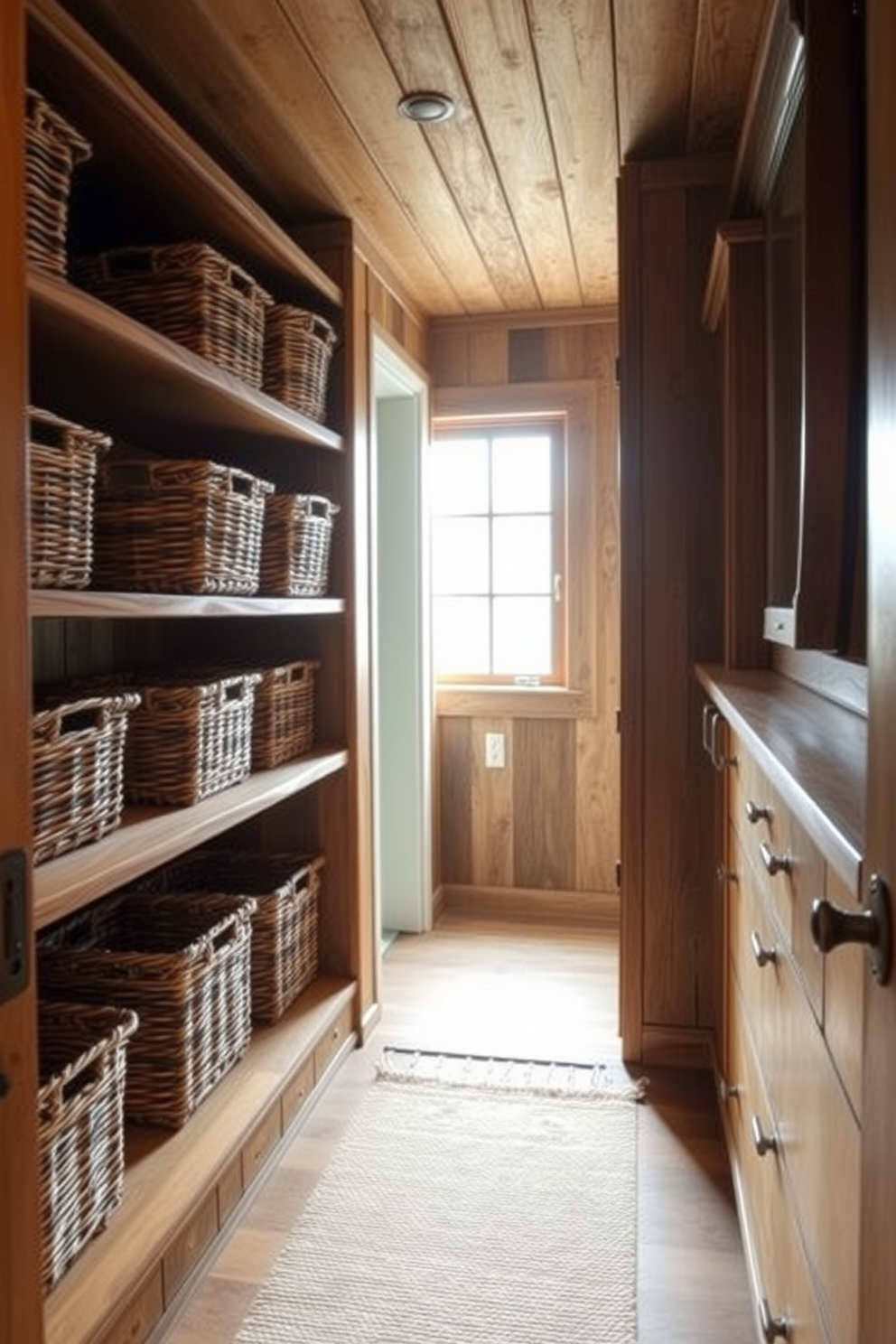 A spacious walk-in closet featuring a neutral color palette with warm tones. The walls are adorned with soft beige paint, while the wooden shelving and cabinetry showcase a rich walnut finish. Ample natural light floods the space through a large window dressed with sheer curtains. A plush area rug in a warm cream hue anchors the room, providing comfort underfoot.