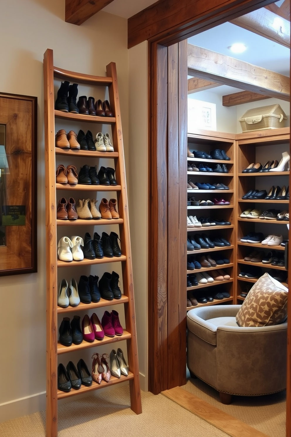 A rustic wooden ladder leans against a wall, showcasing a variety of stylish shoes arranged neatly on each step. The ladder's natural finish complements the warm tones of the surrounding decor, creating an inviting atmosphere. The walk-in closet features exposed wooden beams and open shelving made from reclaimed wood. Soft lighting illuminates the space, highlighting the organized rows of shoes and accessories, while a cozy seating area invites relaxation.