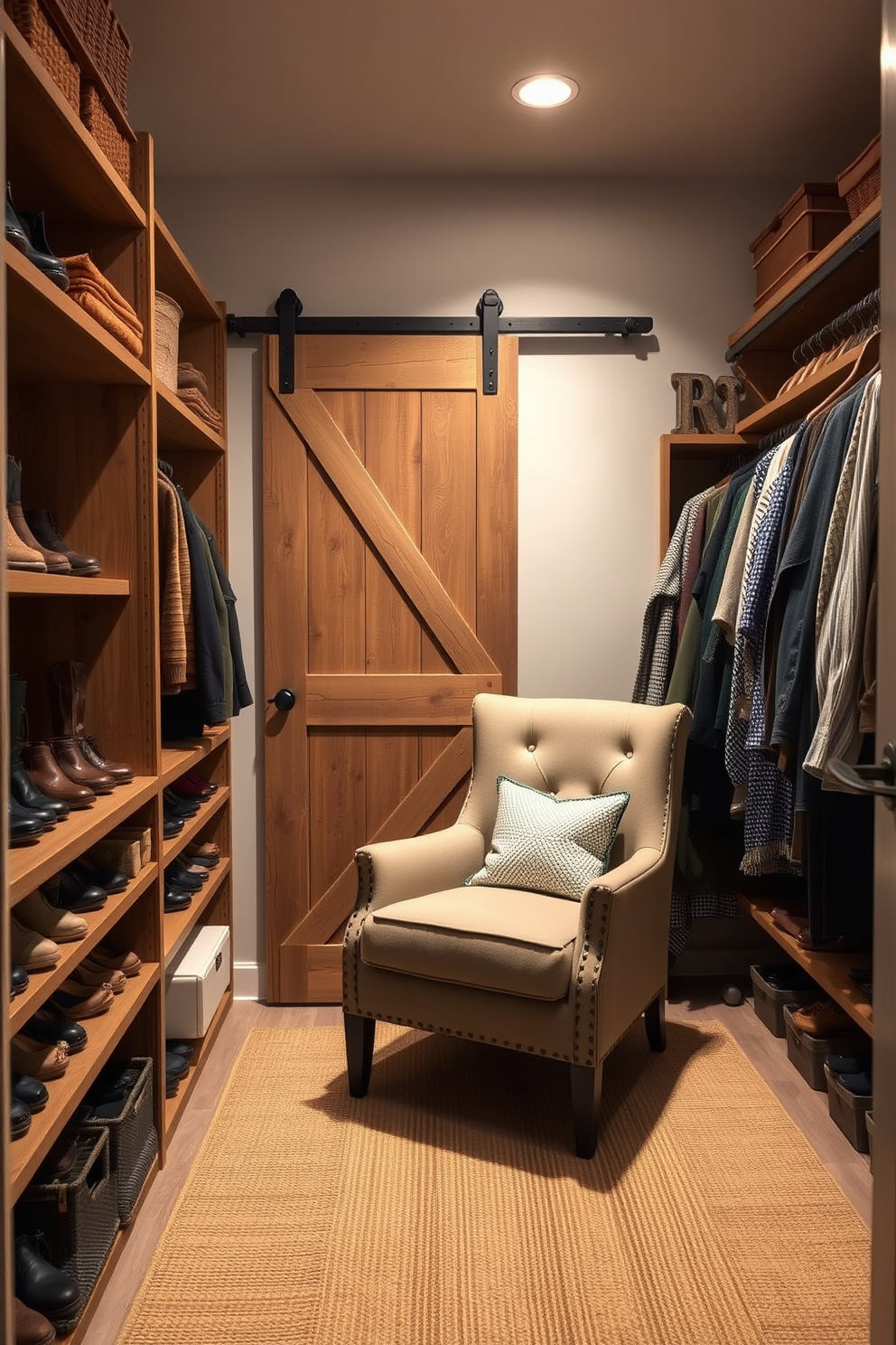 A cozy walk-in closet featuring natural fiber rugs that add warmth and texture to the space. The shelves are made of reclaimed wood, and soft lighting creates a welcoming atmosphere. Rustic design elements include a sliding barn door and vintage-style hooks for accessories. A plush armchair in the corner invites relaxation while surrounded by carefully organized shoes and clothing.