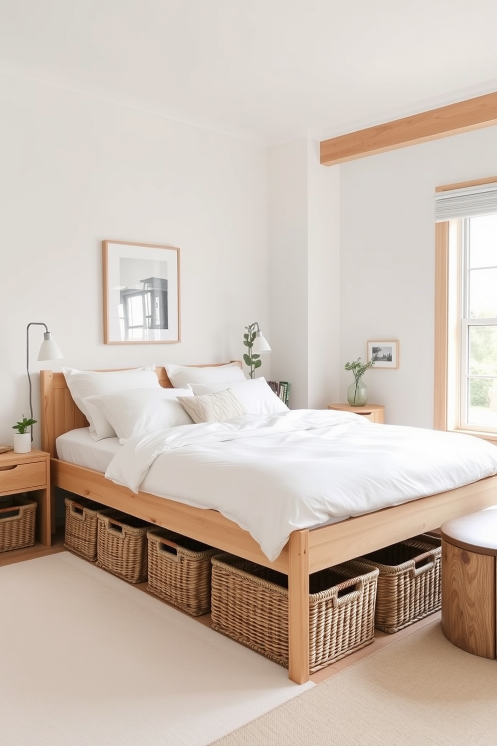 A serene Scandinavian bedroom featuring a light wood bed frame with crisp white linens and plush gray pillows. The walls are adorned with Scandinavian-inspired artwork showcasing minimalist landscapes and abstract designs, creating a calming atmosphere. Natural light floods the room through large windows dressed with sheer white curtains. A cozy reading nook is set up in one corner with a soft armchair and a small side table, inviting relaxation.