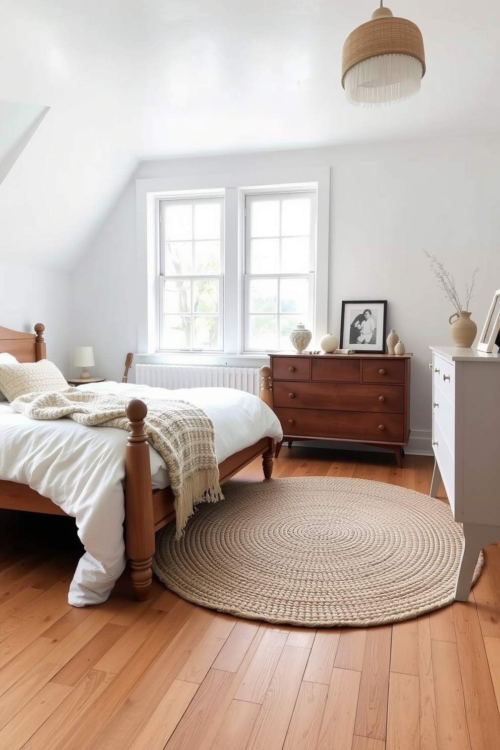 A serene Scandinavian bedroom featuring open shelving for display and storage. The shelves are filled with neatly arranged books, plants, and decorative items, adding a personal touch to the space. The walls are painted in a soft white, complemented by natural wood accents in the furniture. A cozy bed with a light-colored duvet is positioned against the wall, creating a warm and inviting atmosphere.