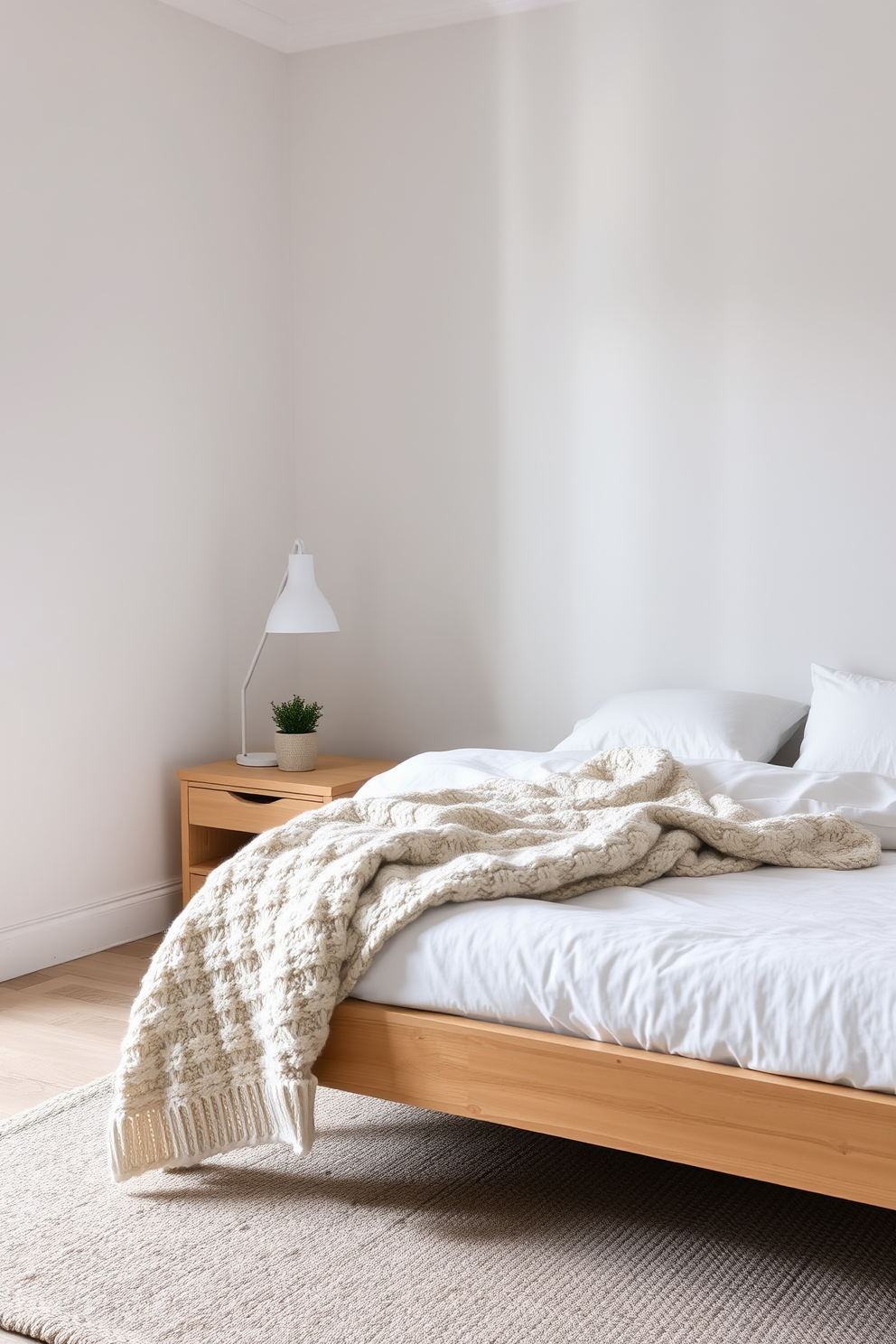 A serene Scandinavian bedroom with soft, ambient lighting creating a warm atmosphere. The room features a light wood bed frame adorned with cozy white linens and a chunky knit throw. A minimalist nightstand made of natural wood sits beside the bed, topped with a small potted plant and a modern lamp. The walls are painted in a soft pale gray, while a plush area rug in neutral tones anchors the space.