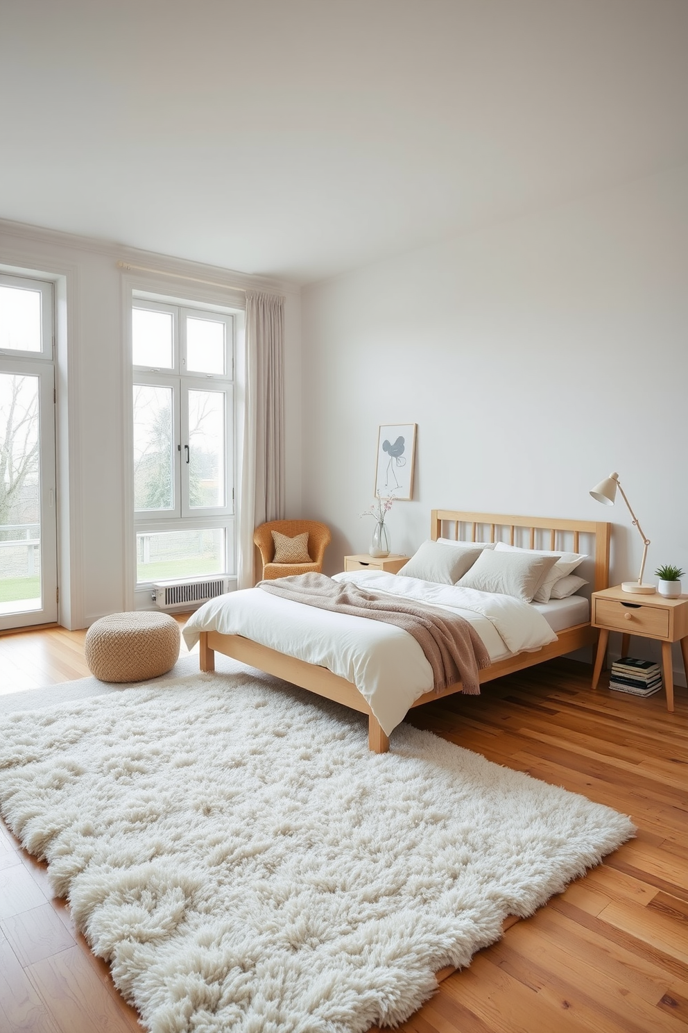 A cozy Scandinavian bedroom featuring a statement headboard that draws the eye with its unique design. The room is adorned with soft neutral tones, complemented by natural wood accents and plush textiles for a warm and inviting atmosphere. Large windows allow ample natural light to fill the space, enhancing the airy feel of the room. Minimalist decor elements, such as a simple bedside table and a stylish lamp, create a serene and uncluttered environment.