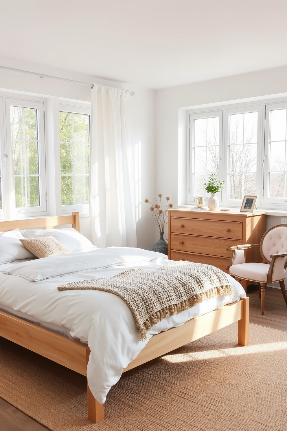 A serene Scandinavian bedroom that blends modern and traditional elements. The room features a light wooden bed frame with crisp white linens and a cozy knitted throw at the foot. Natural light floods in through large windows adorned with sheer curtains. A minimalist wooden dresser sits against the wall, complemented by a vintage armchair in a soft pastel hue.