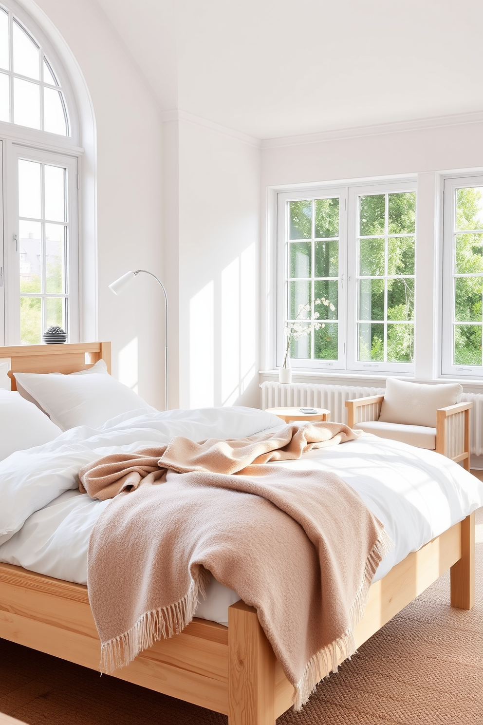 A serene Scandinavian bedroom setting with a light wooden bed frame adorned with crisp white linens. A soft throw blanket in a muted pastel color is casually draped over the foot of the bed, adding an element of comfort. Natural light floods the room through large windows, illuminating the minimalist decor. A cozy reading nook with a plush armchair and a small side table is positioned beside the window, inviting relaxation.