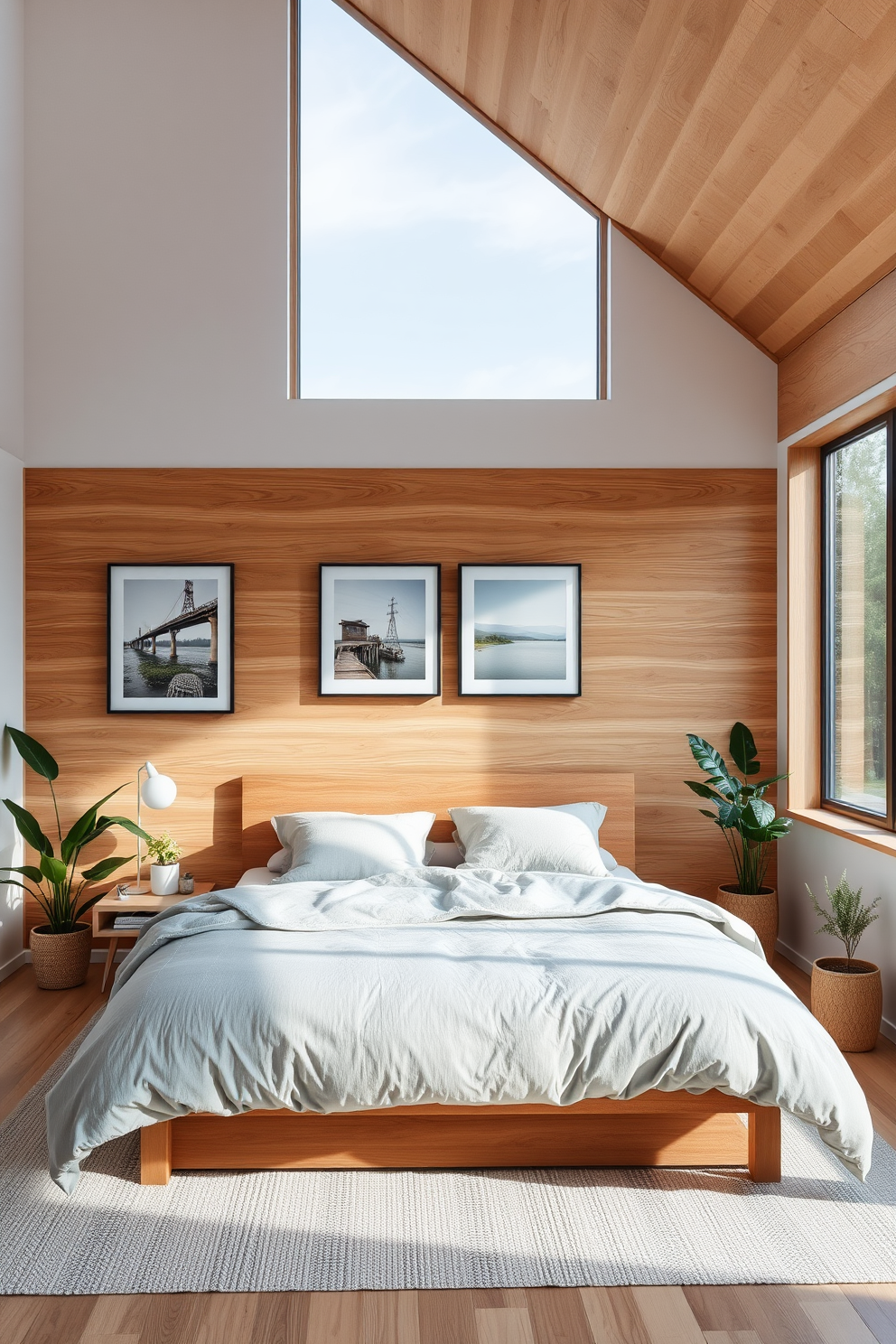 A serene Scandinavian bedroom featuring a low-profile wooden bed with crisp white linens and a cozy knitted throw. Natural light floods the space through large windows, illuminating a minimalist nightstand with a small potted plant and a simple pendant light above. The walls are painted in a soft, muted palette, complemented by light wood flooring that adds warmth to the room. A spacious area rug in neutral tones anchors the space, while a sleek dresser with clean lines provides ample storage without clutter.