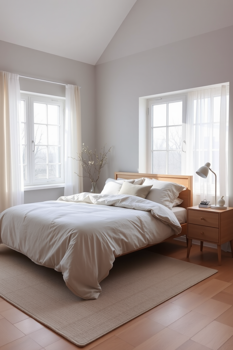 A serene Scandinavian bedroom featuring a plush bed dressed in soft linens with neutral tones. The walls are painted in a light gray shade, complemented by natural wood accents and a cozy area rug. Large windows allow ample natural light to fill the space, adorned with sheer white curtains that gently filter the sunlight. A minimalist nightstand holds a simple lamp and a few carefully curated decorative items, enhancing the calming atmosphere.