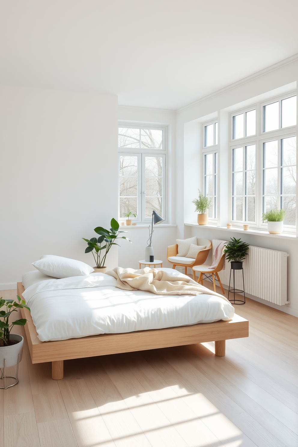 A serene Scandinavian bedroom featuring a monochromatic color palette dominated by soft grays and whites. The room includes a cozy bed with a plush gray duvet and matching pillows, complemented by minimalist wooden nightstands on either side. Natural light floods the space through large windows adorned with sheer white curtains. A simple gray rug lies beneath the bed, and a sleek, modern lamp provides a warm glow on the nightstand.