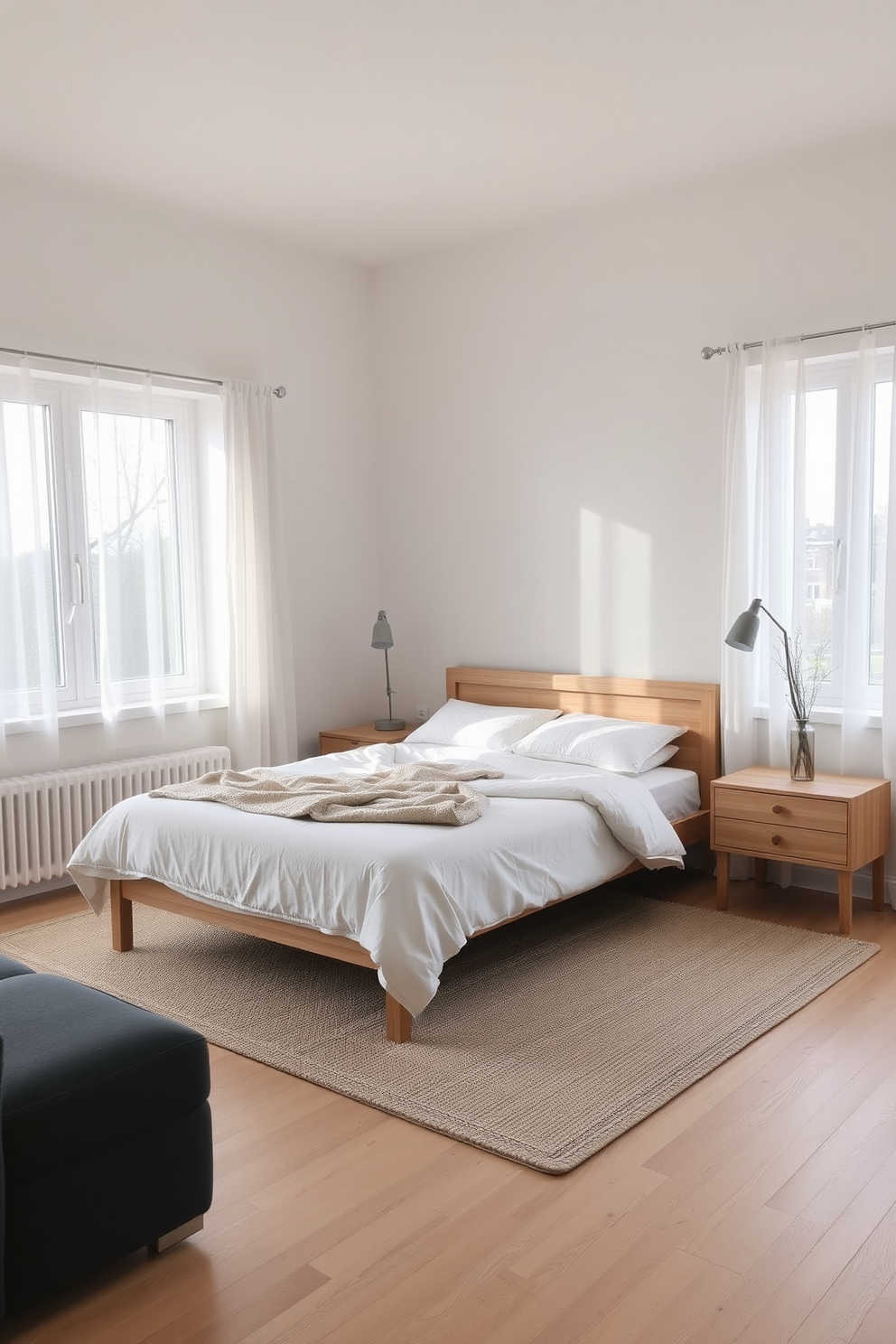 A serene Scandinavian bedroom featuring a cozy bed with a light wood frame and soft white linens. The walls are painted in a soft gray tone, complemented by handmade decor such as woven baskets and artisanal wall art. Natural light floods the space through large windows adorned with sheer white curtains. A minimalist bedside table holds a unique handcrafted lamp and a small potted plant, adding warmth and character to the room.