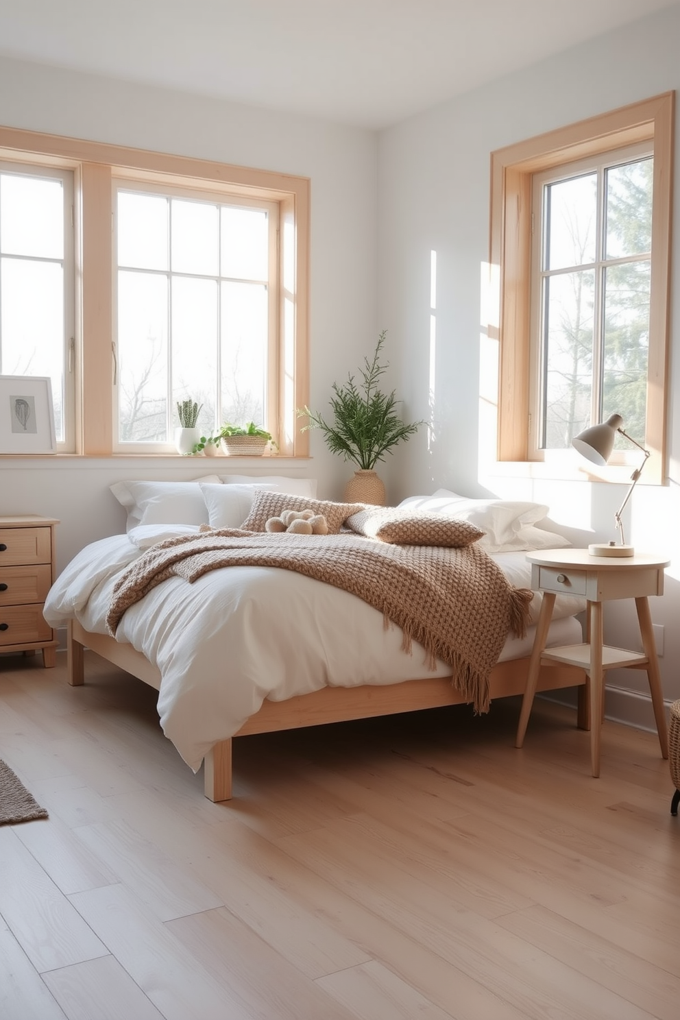 A cozy Scandinavian bedroom features light wood furniture that enhances the warm and inviting atmosphere. The bed is dressed in soft, neutral linens, complemented by fluffy pillows and a chunky knit throw. Natural light floods the room through large windows, illuminating the pale wood flooring and minimalist decor. A simple bedside table holds a small plant and a stylish lamp, adding a touch of greenery and functionality to the space.