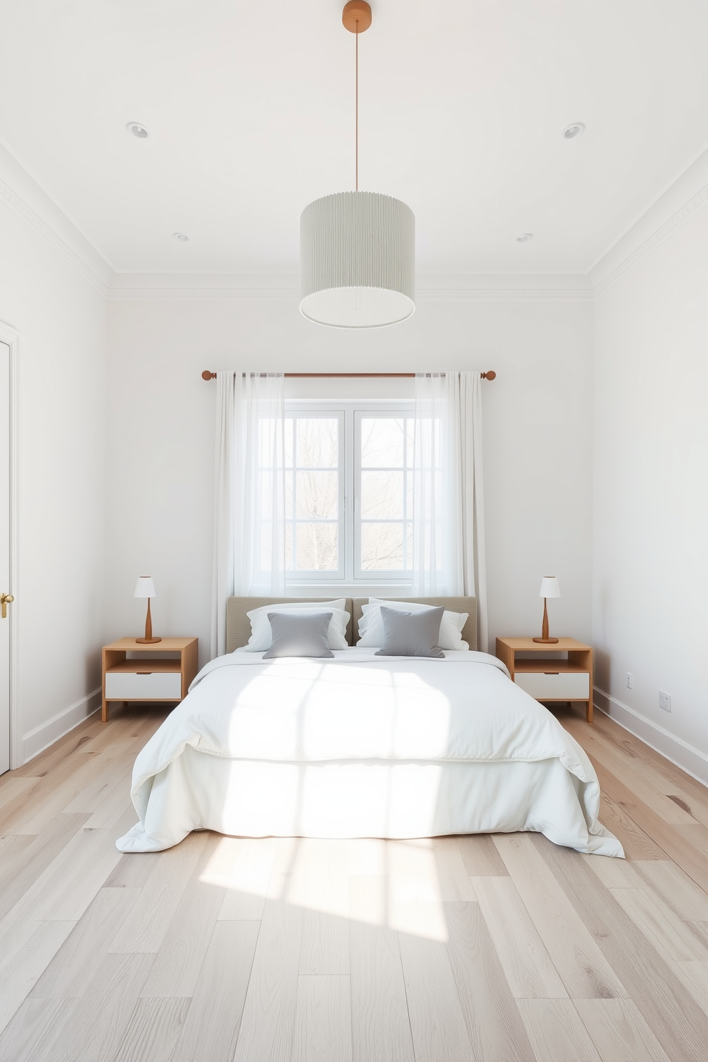 A cozy corner with soft throws is situated in a Scandinavian bedroom. The space features a plush armchair draped with a chunky knit blanket, accompanied by a small wooden side table holding a steaming cup of tea. Natural light pours in through large windows adorned with sheer white curtains. The walls are painted in a soft pastel hue, and a woven rug lies underfoot, adding warmth and texture to the serene atmosphere.