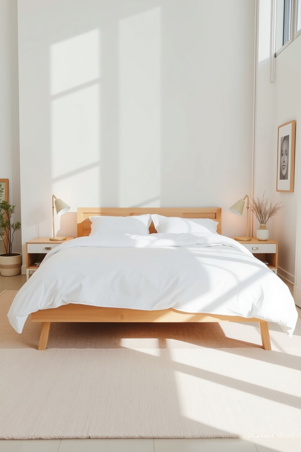 A serene Scandinavian bedroom featuring a soft color palette of whites and light grays. The focal point is a geometric patterned area rug that adds visual interest beneath a simple wooden bed frame with crisp white bedding. On the walls, subtle geometric wallpaper complements the overall design while maintaining a calm atmosphere. Large windows allow natural light to flood the space, highlighting minimalist furniture and decorative accents.