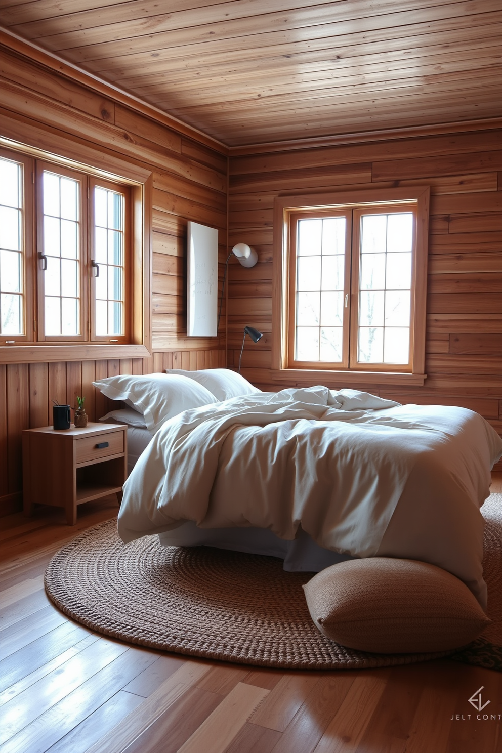 A cozy Scandinavian bedroom featuring warm wood paneling on the walls to create a rustic atmosphere. The room includes a plush bed dressed in soft linens, complemented by a pair of minimalist nightstands made of natural wood. Large windows allow natural light to flood the space, highlighting the earthy tones and textures. A woven rug sits beneath the bed, adding warmth and comfort to the wooden floor.