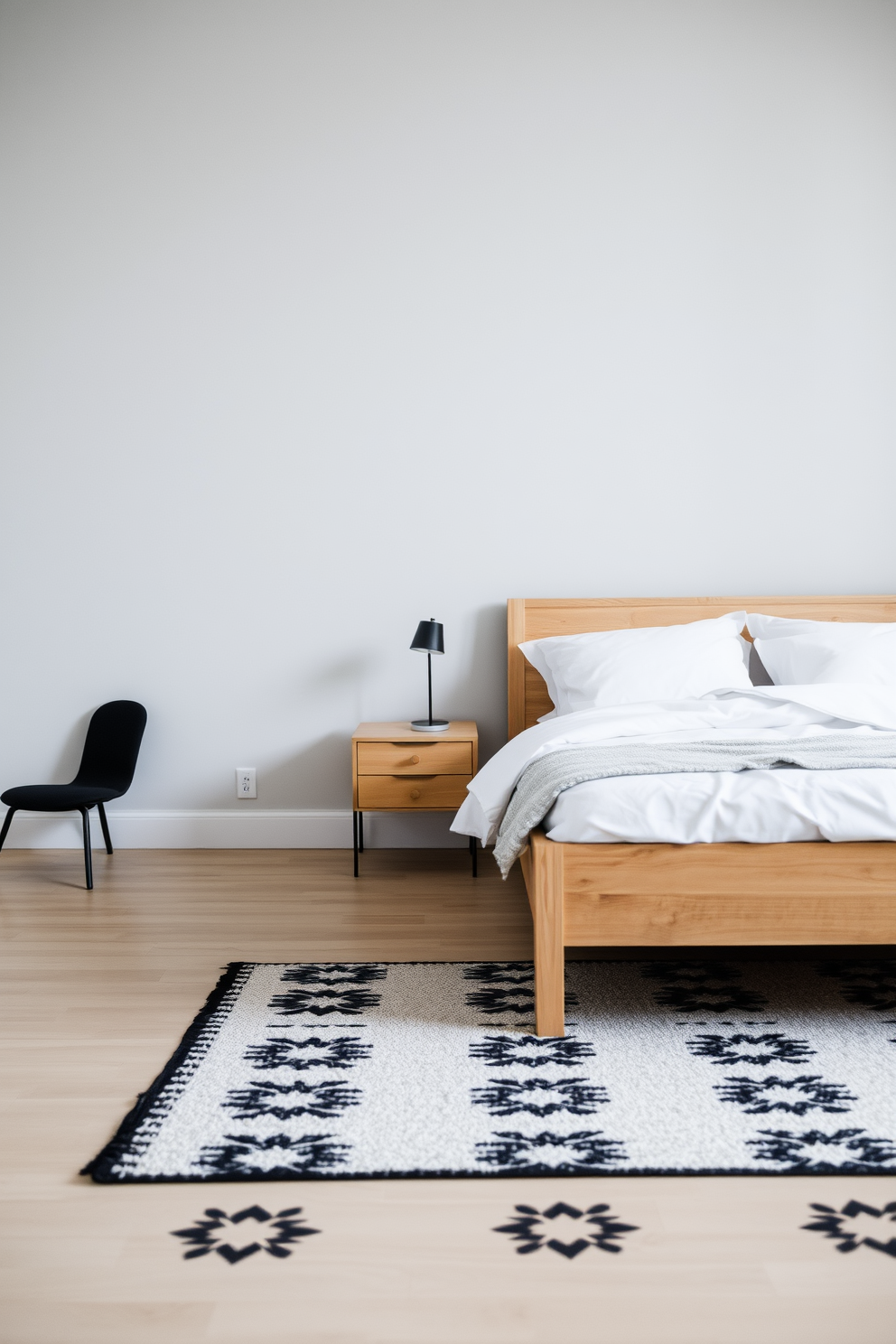 A serene Scandinavian bedroom featuring a light wood bed frame with crisp white bedding. A black accent chair sits in the corner next to a small wooden nightstand with a minimalist lamp. The walls are painted in a soft gray tone, creating a calm atmosphere. A black and white patterned rug lies beneath the bed, adding texture and contrast to the space.