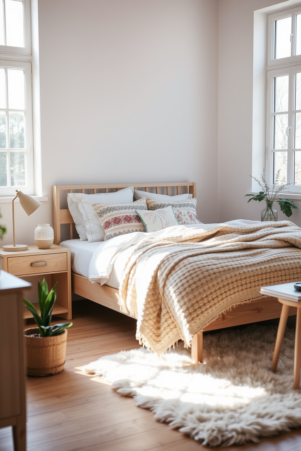 A serene Scandinavian bedroom featuring soft neutral tones and natural light filtering through large windows. The bed is adorned with cozy Scandinavian-inspired textiles including a chunky knit blanket and patterned throw pillows. Light wooden furniture complements the aesthetic, with a sleek nightstand beside the bed holding a minimalist lamp. A plush area rug adds warmth to the space, while potted plants bring a touch of nature indoors.