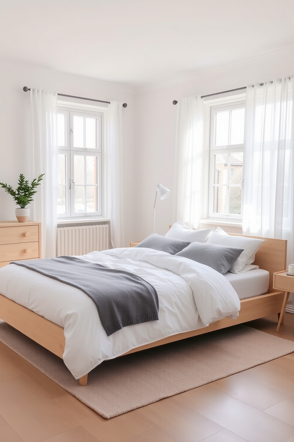 A serene Scandinavian bedroom featuring a light wood bed frame with crisp white linens and soft gray throw pillows. The walls are painted in a soft pastel hue, and a cozy area rug in muted tones lies beneath the bed. Natural light floods the room through large windows adorned with sheer white curtains. A minimalist wooden dresser stands against one wall, complemented by a small potted plant for a touch of greenery.