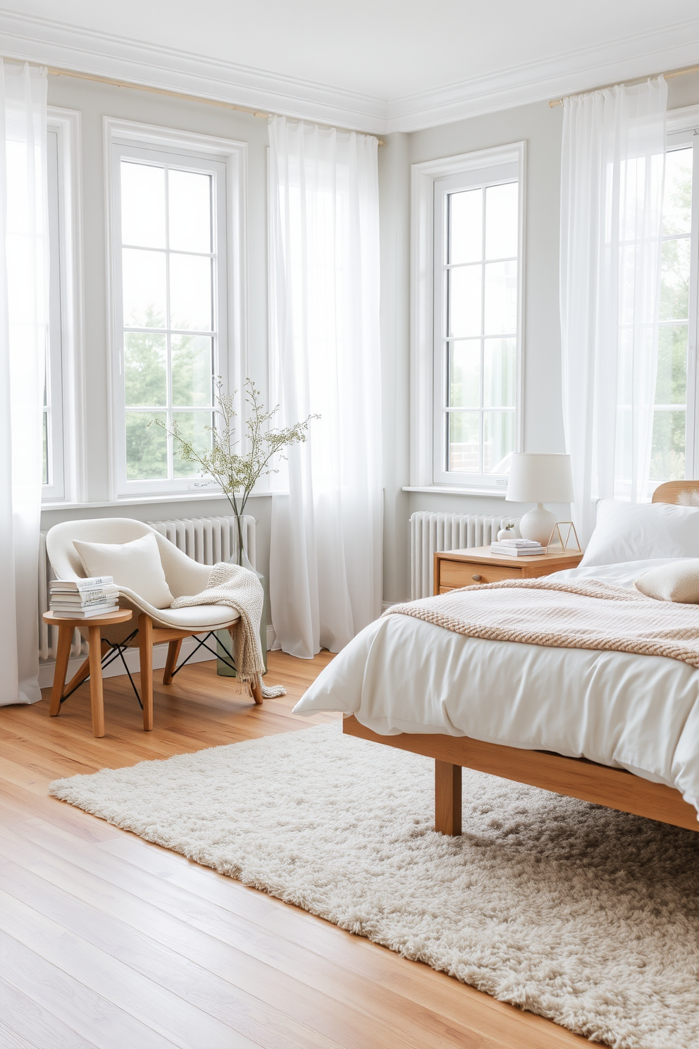 A serene Scandinavian bedroom featuring a light wood bed frame adorned with soft white linens and a cozy knit throw. The walls are painted in a pale gray, and a plush area rug adds warmth to the light oak flooring. In the corner, a stylish armchair upholstered in a muted pastel fabric invites relaxation, while a small wooden side table holds a stack of books. Large windows allow natural light to flood the space, framed by sheer white curtains that gently sway in the breeze.