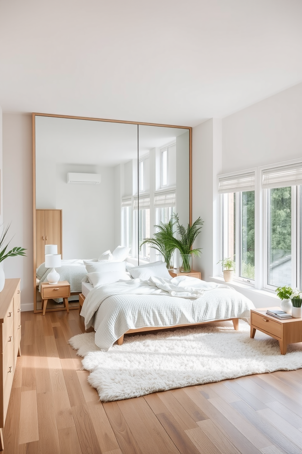 A serene Scandinavian bedroom featuring a large floor-to-ceiling mirror that reflects natural light and creates a sense of space. The room is adorned with light wood furniture, a cozy white bed with textured linens, and soft pastel accents throughout. A plush area rug lies under the bed, adding warmth to the minimalist design. Large windows allow ample sunlight to flood the room, while indoor plants bring a touch of nature indoors.