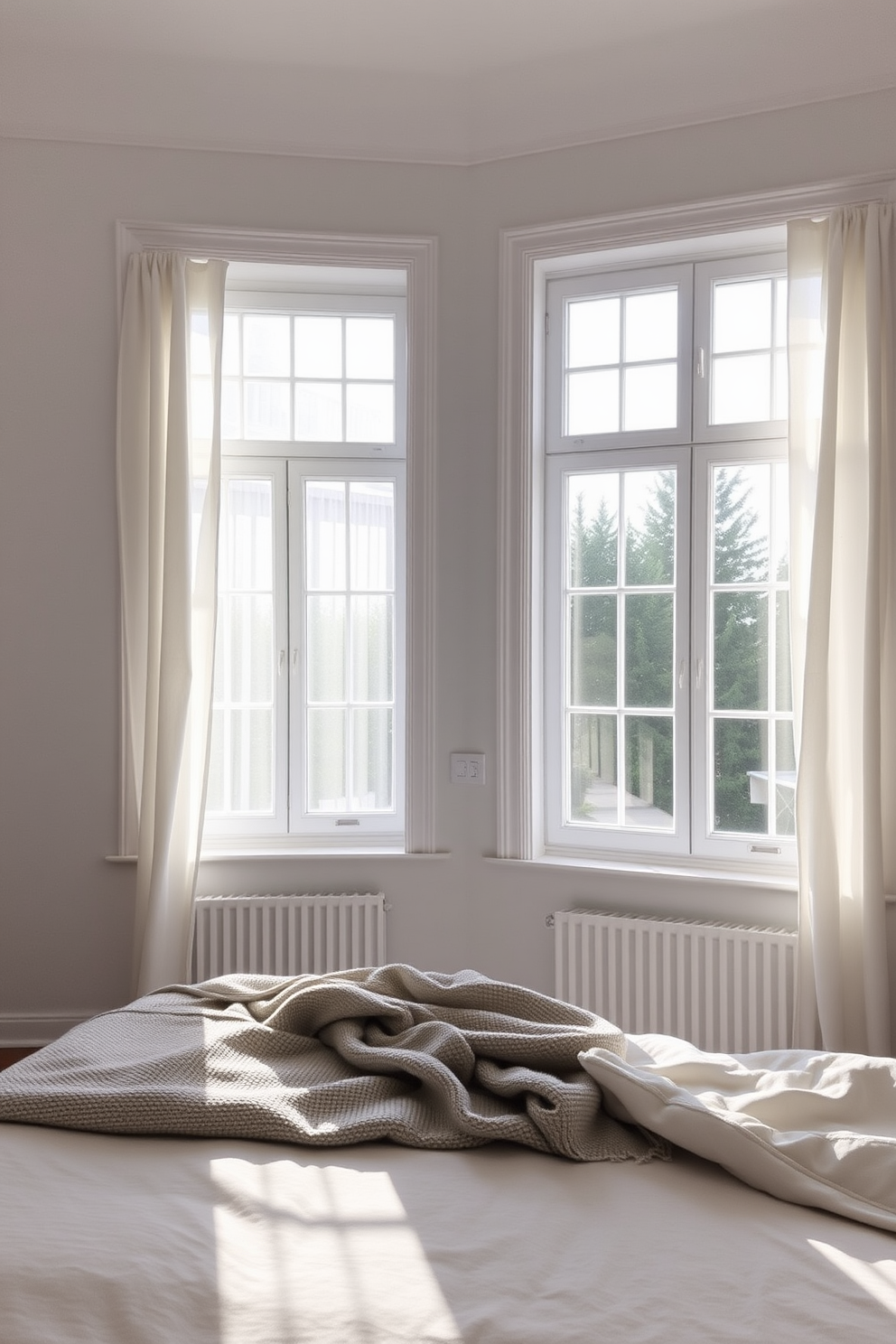 A serene Scandinavian bedroom featuring large windows adorned with light, airy linen curtains that gently diffuse the natural light. The walls are painted in a soft white, complemented by a cozy bed dressed in neutral-toned bedding and a plush throw blanket.