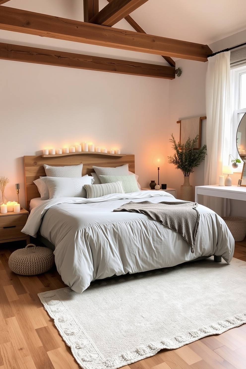 Create a cozy atmosphere with soft lighting and an abundance of candles. The room features a plush king-sized bed with a light gray duvet and an assortment of textured pillows. Natural wood accents are present throughout the space, including a bedside table and a minimalist desk. The walls are painted in a soothing pastel color, and a soft area rug adds warmth to the hardwood floor.