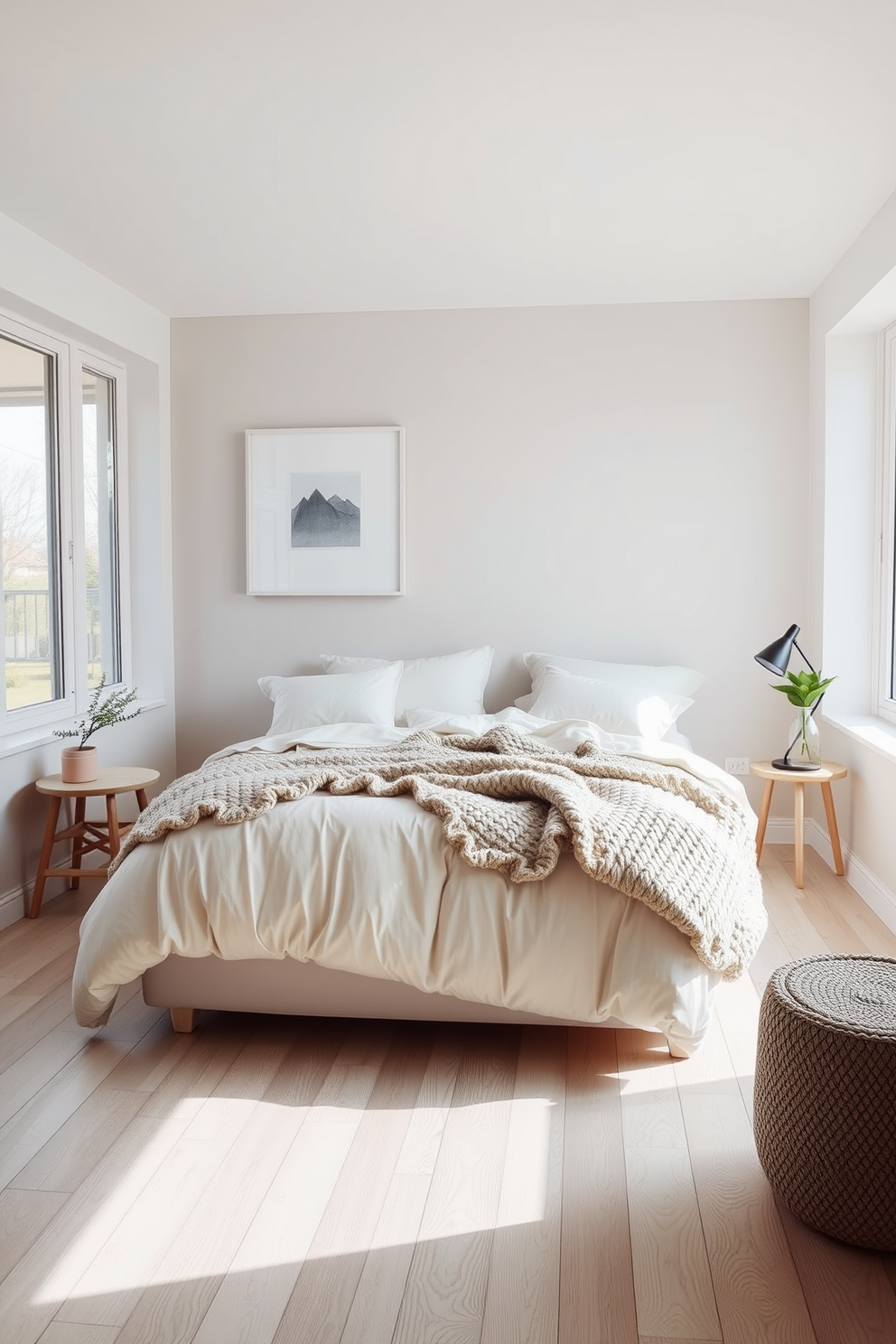 A cozy Scandinavian bedroom featuring layered bedding in soft neutral tones. The bed is adorned with plush pillows and a chunky knit throw, creating an inviting atmosphere. Natural light floods the room through large windows, highlighting the light wood flooring and minimalist decor. A simple wooden bedside table holds a small potted plant and a stylish lamp, enhancing the serene ambiance.