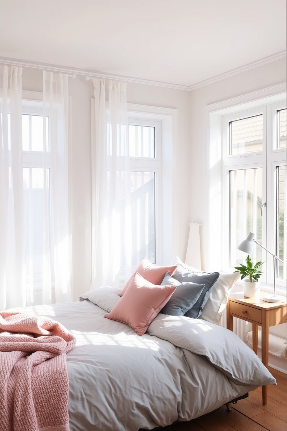 A cozy Scandinavian bedroom featuring soft pastel accents that create a warm and inviting atmosphere. The room includes a plush bed with a light gray duvet and an assortment of decorative pillows in soft pink and muted blue. Natural light floods the space through large windows adorned with sheer white curtains. A minimalist wooden bedside table holds a small potted plant and a stylish lamp, enhancing the serene vibe of the room.