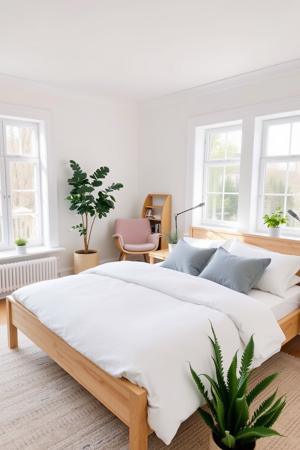 A serene Scandinavian bedroom featuring soft neutral tones and natural materials. The room includes a cozy bed with a light gray duvet and fluffy white pillows, surrounded by warm ambient lighting from stylish lamps and strategically placed candles. The walls are adorned with minimalist artwork, and a plush area rug lies beneath the bed, adding texture and warmth. A wooden nightstand holds a small potted plant and a few well-chosen books, creating a calming and inviting atmosphere.