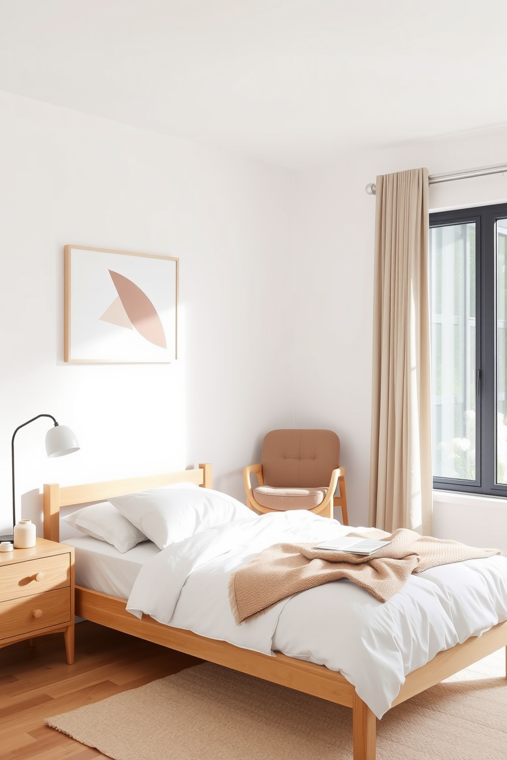 A serene Scandinavian bedroom featuring a light wooden bed frame with crisp white bedding. The walls are adorned with simple geometric patterns in soft pastel colors, creating a calming atmosphere. A cozy reading nook is positioned by a large window, furnished with a plush armchair and a small side table. Minimalist artwork with geometric shapes hangs above the bed, enhancing the room's modern aesthetic.