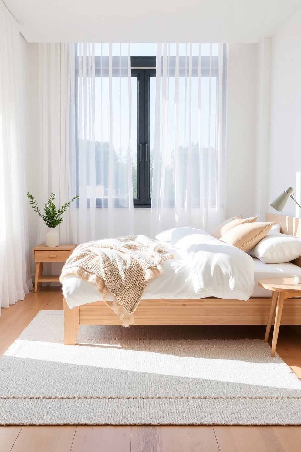 A serene Scandinavian bedroom featuring a low-profile bed with a light wood frame and crisp white bedding. The walls are painted in soft gray, and a cozy knit throw is draped over the foot of the bed. Natural light floods the room through large windows adorned with sheer curtains. A simple wooden nightstand holds a small potted plant and a minimalist lamp, enhancing the tranquil atmosphere.