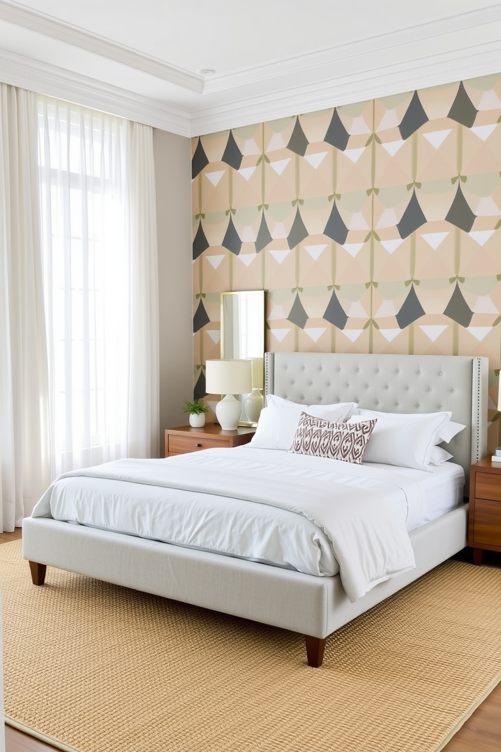 Create a focal point with a statement wall featuring a bold geometric pattern in soft pastels. The room includes a plush king-sized bed with a light gray upholstered headboard and crisp white linens. Incorporate natural elements like a wooden bedside table and a woven area rug to add warmth. Large windows allow ample natural light, complemented by sheer white curtains that flutter gently in the breeze.