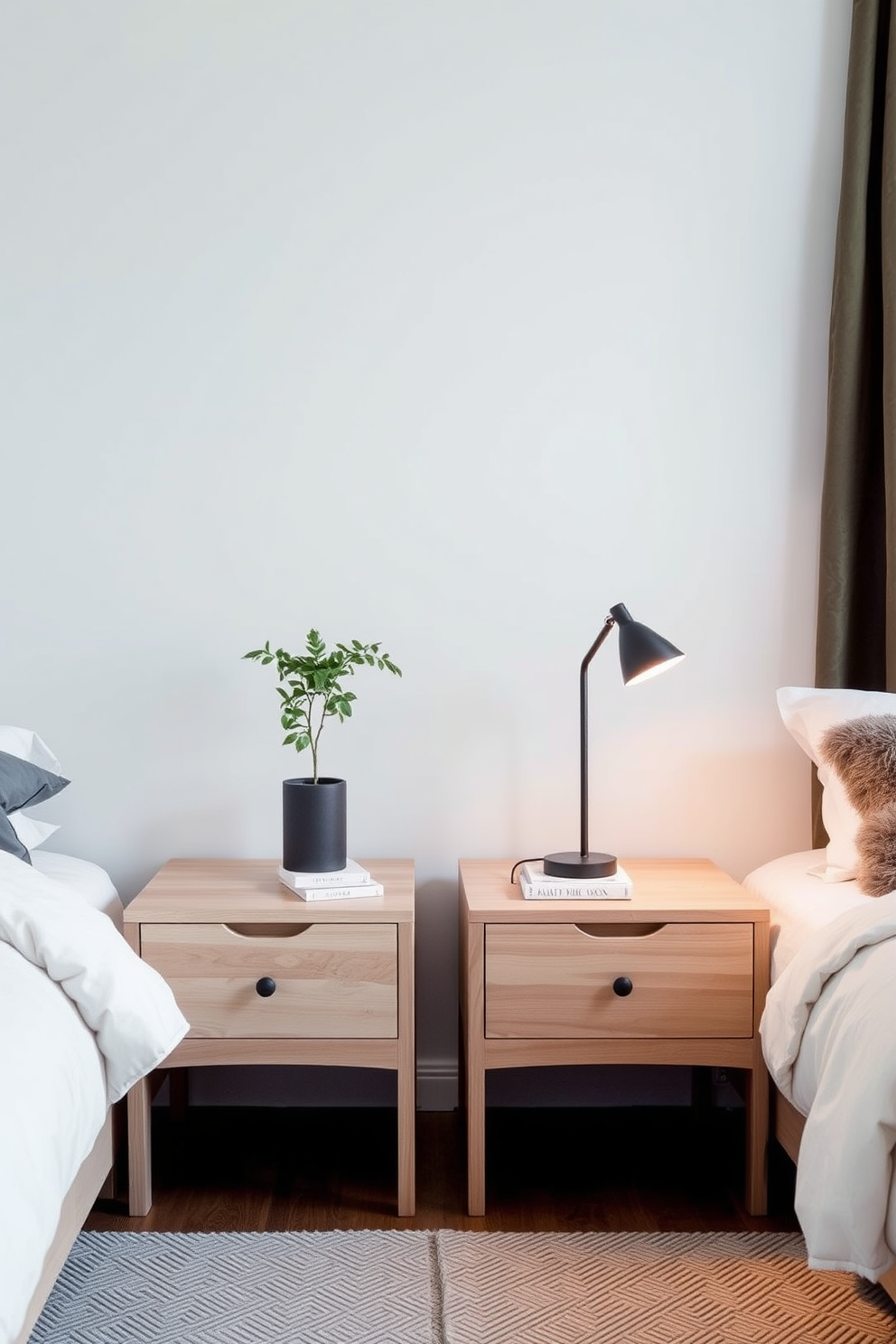 A serene Scandinavian bedroom features minimalist nightstands that emphasize simplicity and functionality. The nightstands are crafted from light wood with clean lines, topped with small decorative items like a plant and a lamp to enhance the tranquil atmosphere.