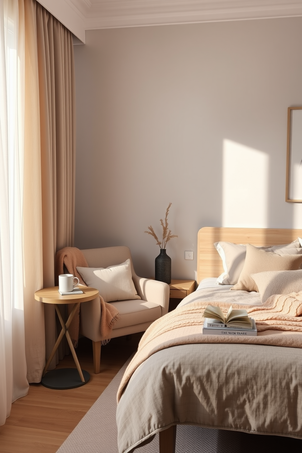 A cozy Scandinavian bedroom featuring a soft wool rug layered over a sleek wooden floor. Plush cushions in varying textures and shades of gray and cream adorn a minimalist bed with a simple linen duvet.