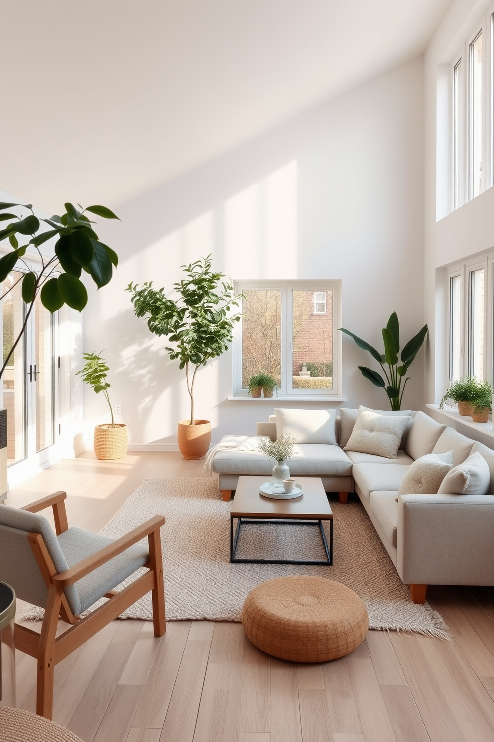 A serene Scandinavian living room featuring a neutral color palette with soft beige and light gray tones. The space is adorned with natural textures such as a cozy woolen rug, wooden furniture, and lush green plants that bring warmth and life to the area. Large windows allow ample natural light to flood the room, enhancing the airy and open feel. The minimalist decor includes a sleek coffee table and a comfortable sectional sofa, creating an inviting atmosphere for relaxation and gatherings.