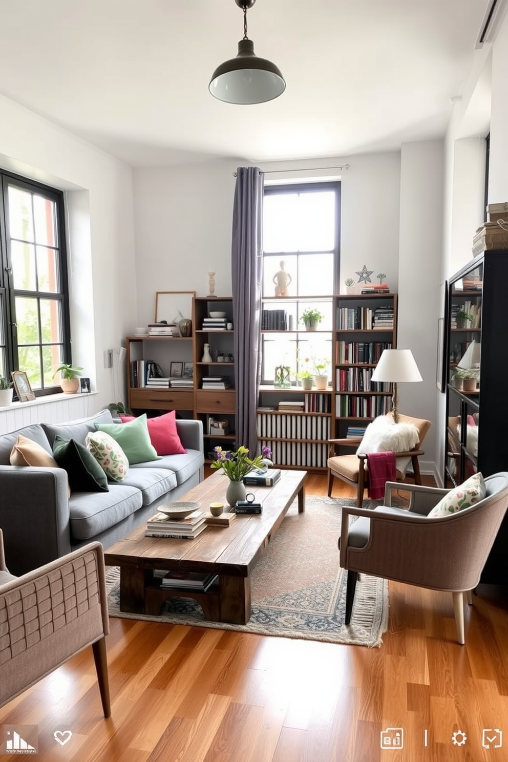 A cozy Scandinavian living room that seamlessly blends vintage and contemporary elements. The space features a plush gray sofa adorned with colorful throw pillows, complemented by a rustic wooden coffee table. On one side, a vintage armchair adds character, while a sleek modern bookshelf stands against the wall filled with curated decor and books. The room is illuminated by a stylish pendant light, and large windows allow natural light to flood in, enhancing the warm wooden floors.