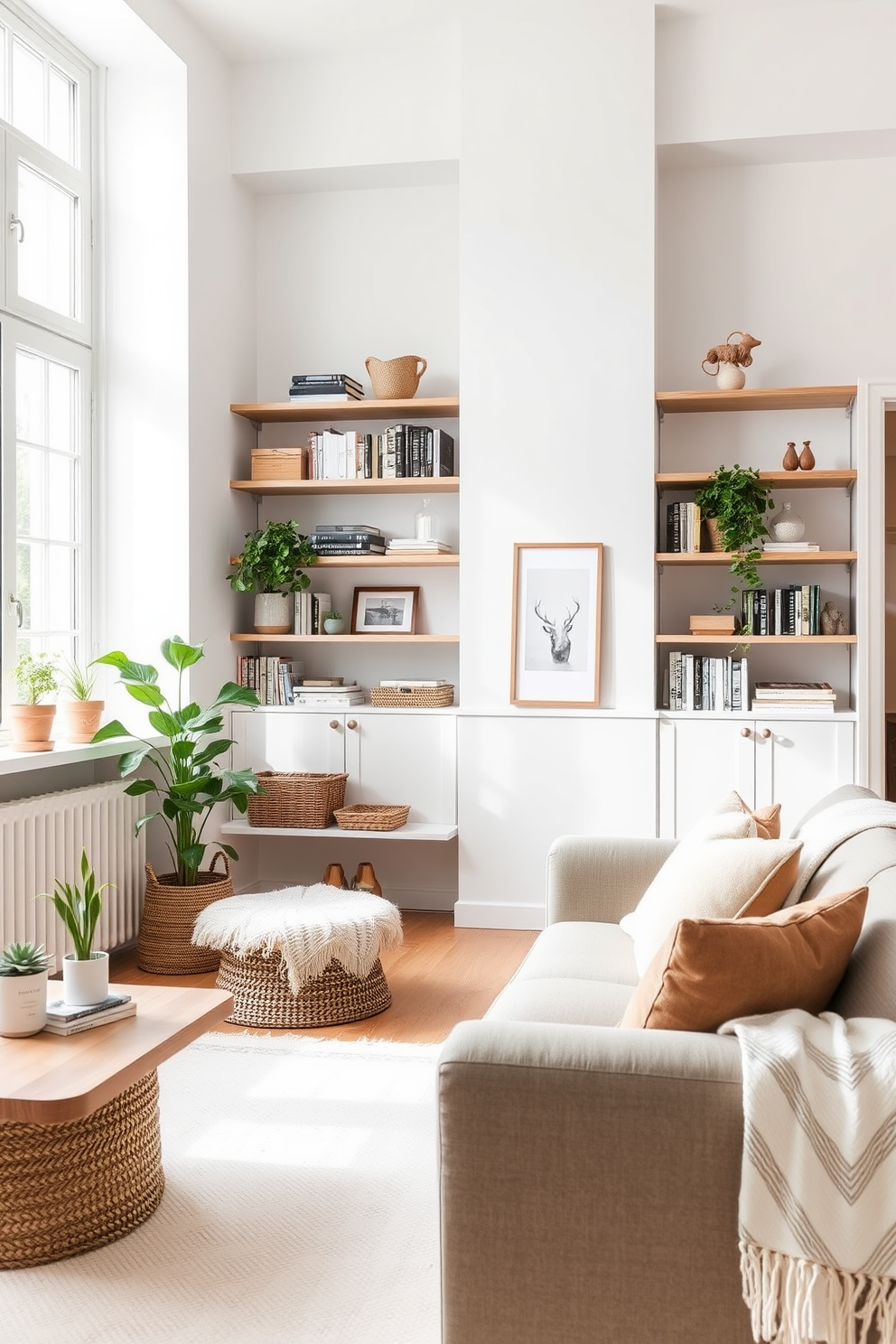 A bright and airy Scandinavian living room features open shelving that elegantly displays curated items such as books, plants, and decorative objects. The space is adorned with a neutral color palette, complemented by cozy textiles and natural wood accents, creating a warm and inviting atmosphere.