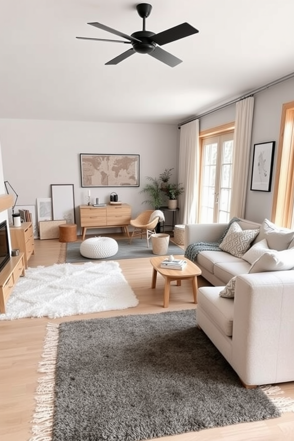 A cozy Scandinavian living room featuring soft area rugs that define different spaces. The room is adorned with light wood furniture, neutral-colored textiles, and large windows allowing natural light to flood in.