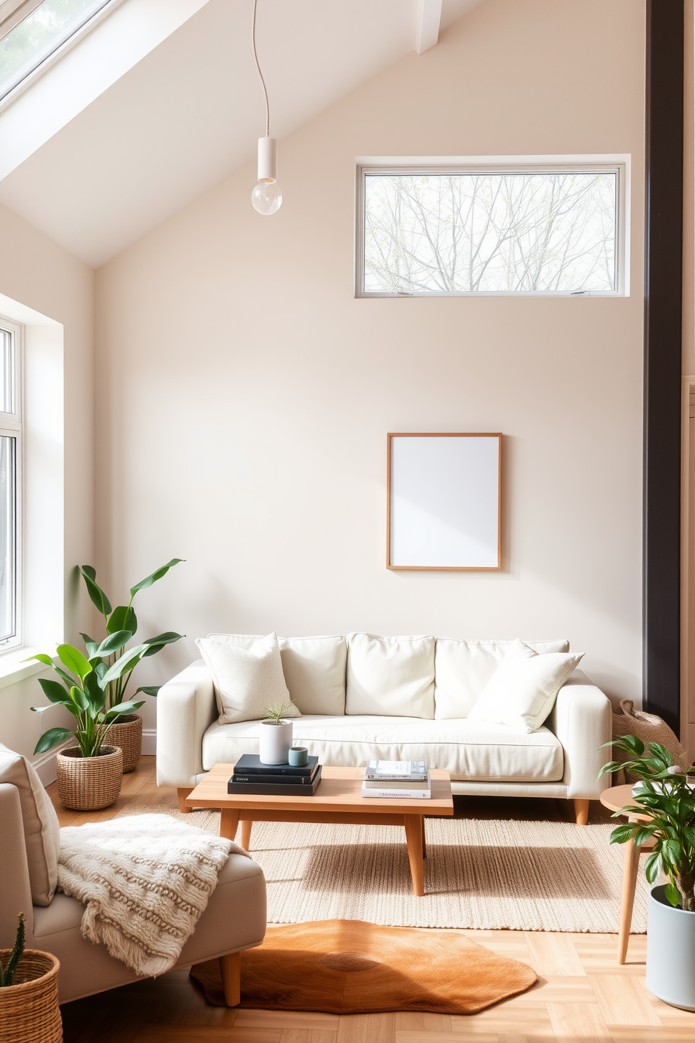 A cozy Scandinavian living room featuring an accent wall painted in a soft pastel hue. The room is adorned with minimalist furniture, including a light-colored sofa and a wooden coffee table, complemented by plush throw pillows. Natural light floods the space through large windows, highlighting the warm textures of the area rug and the greenery from potted plants. Decorative elements like simple wall art and a stylish floor lamp enhance the inviting atmosphere.