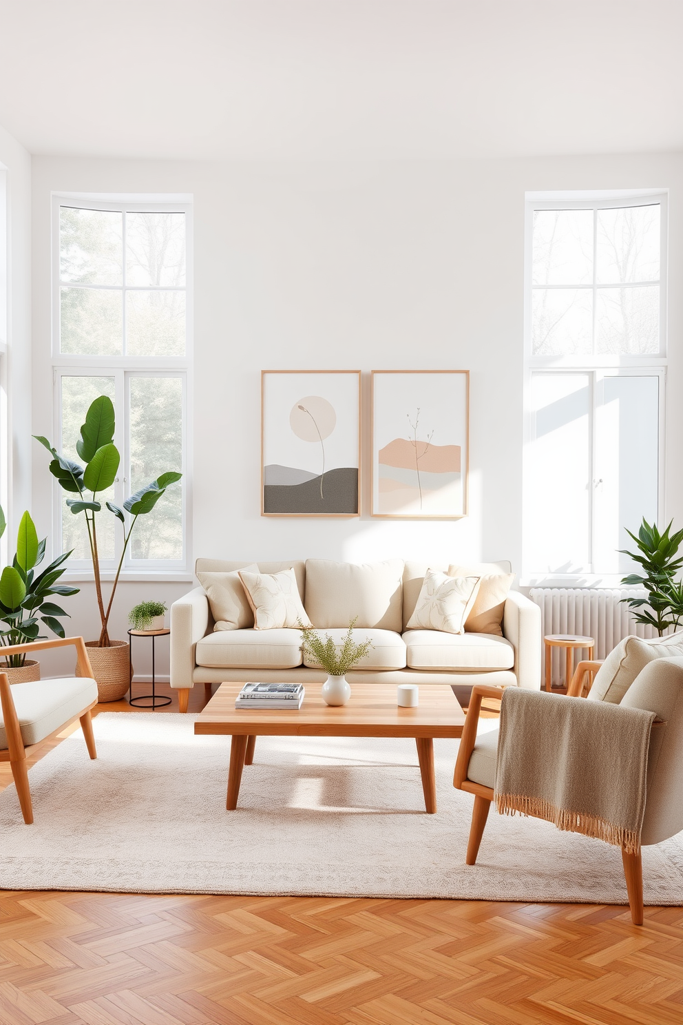 Bright cushions add a vibrant splash of color to a Scandinavian living room. The space features a light wood coffee table surrounded by a cozy, neutral-toned sofa and armchairs, creating a warm and inviting atmosphere.