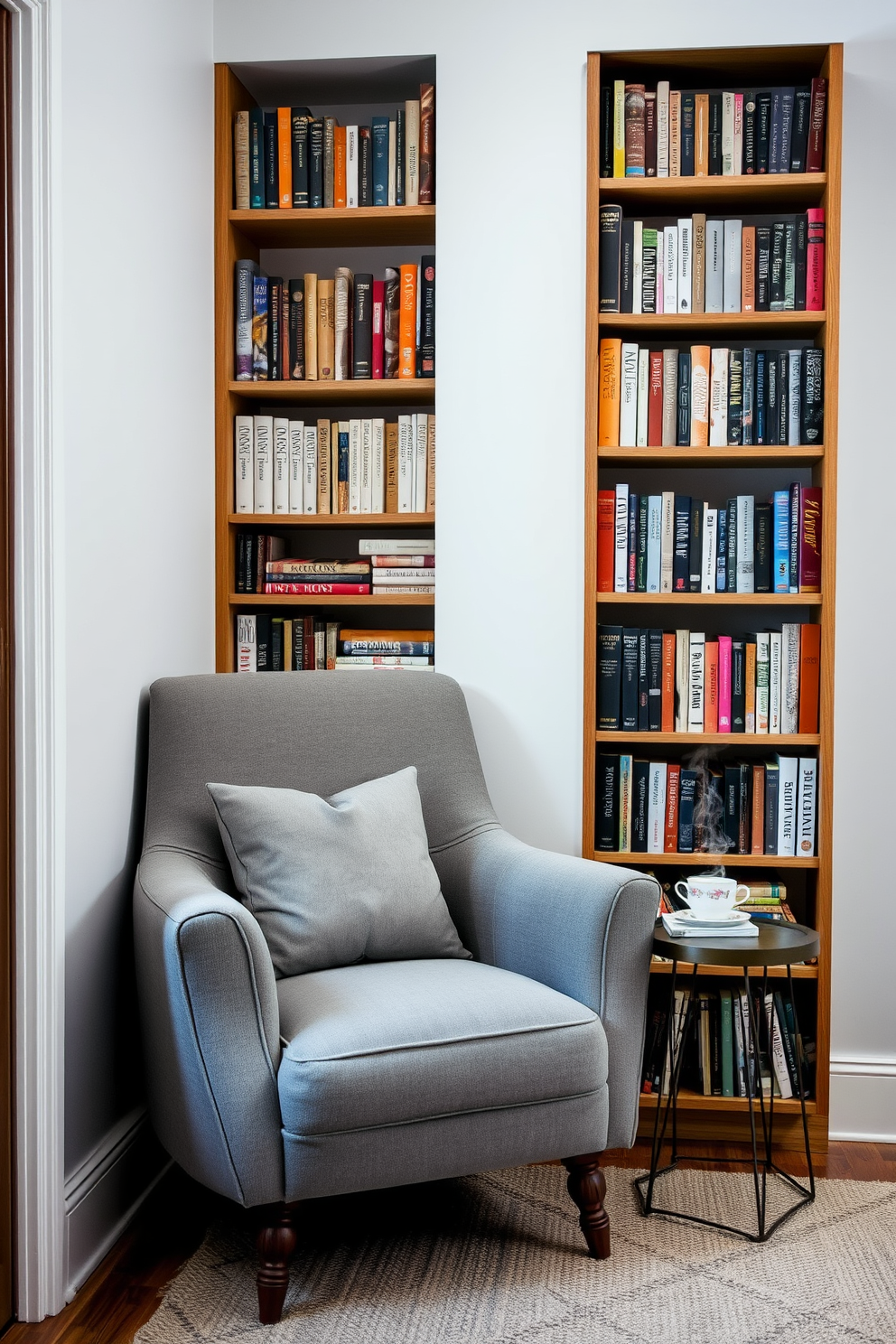 Create a cozy reading nook featuring a plush armchair upholstered in soft gray fabric. Surround the chair with a tall bookshelf filled with various books and a small side table holding a steaming cup of tea.